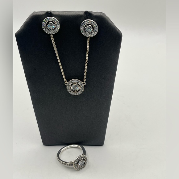 Pandora Jewelry - Pandora Sterling Jewelry Suite. Earrings, Necklace and Ring. Cz.